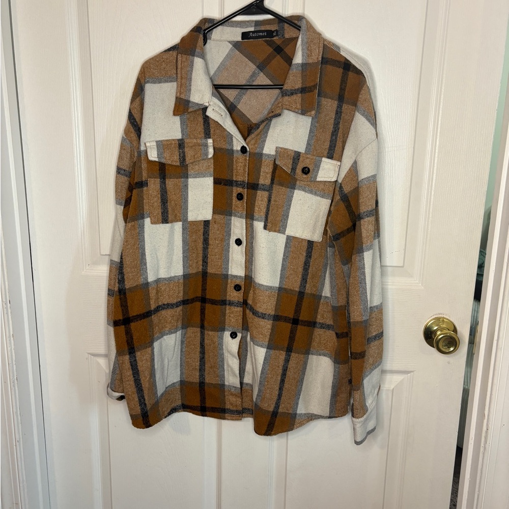 Plaid Button-Up Shacket in Brown and Cream